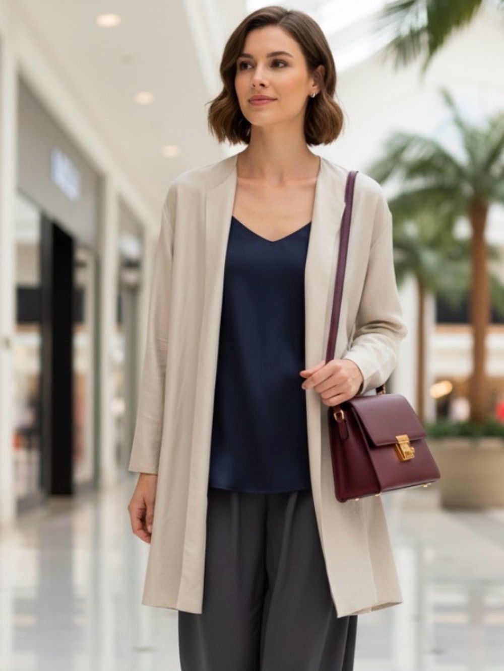 • EILEEN FISHER • light cream/ taupe 100% silk open front cardigan